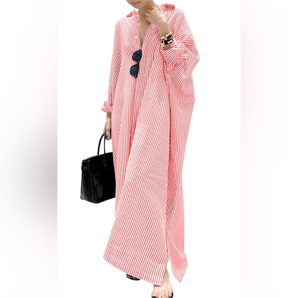 Pink/red Striped Maxi Dress - Lightweight Casual Wear oversized fit